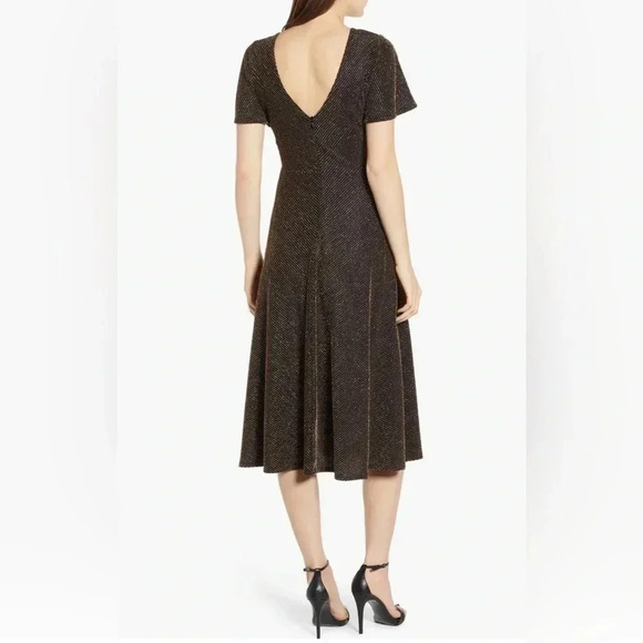 NWOT LEITH gold pin stripe fit & flare flutter sleeve v neck tie belt dress XS-M - Picture 3 of 15